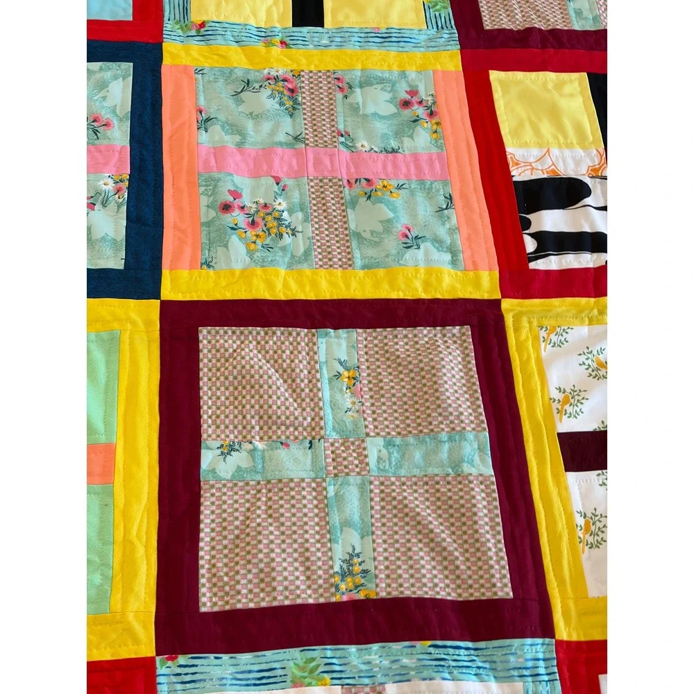 Handmade Patchwork Quilt Multi Color Block Floral Geometric Folk Art APROX 88x72